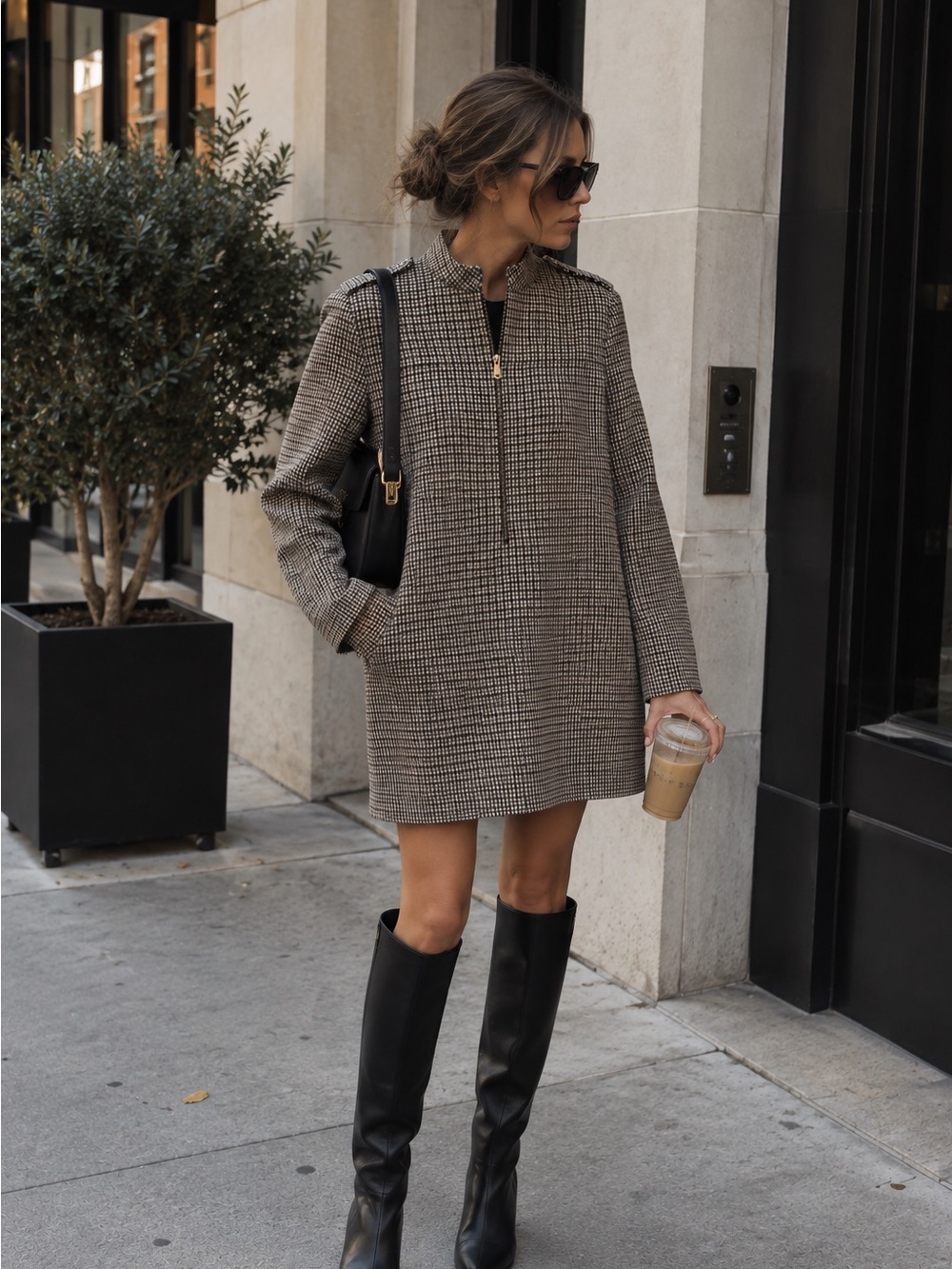 Celine Brown Houndstooth Long-Sleeve Zip-Front Wool Mini Dress Size S